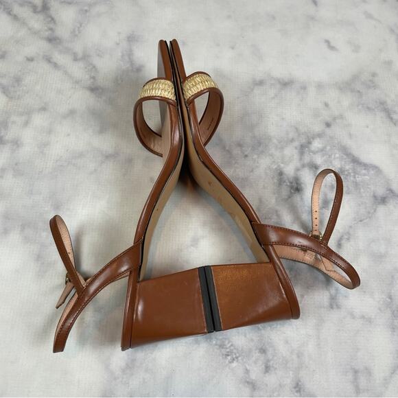 J. Crew Layne Cognac Brown Leather + Raffia Square Toe Block Heel Sandals - Picture 7 of 10